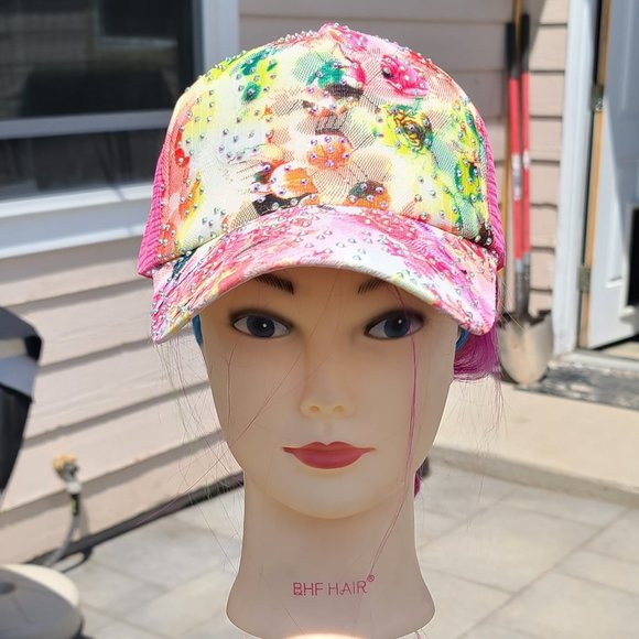 New Ladies Dark Pink Flower BLING Hat - Picture 1 of 4